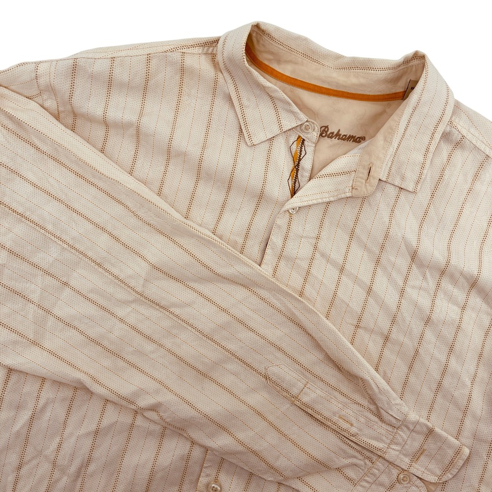 Tommy Bahama Mens Large L Button Down Shirt‎ Beige Striped Long Sleeve